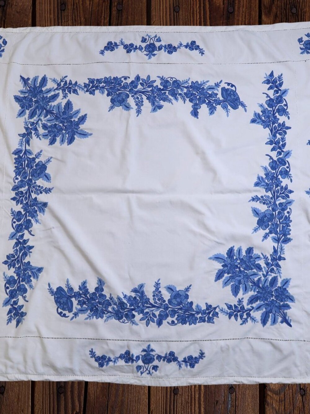 Vintage Square White Tablecloth with Blue Floral Embroidery 45 x 45" Roses